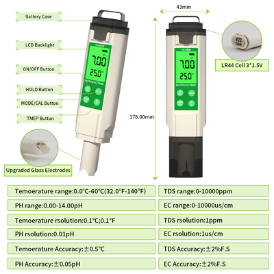 YiERYi YG-9908 4-in-1-Wasserqualitätsprüfer PH / TDS / EC / Temperatur Multifunktionsprüfstift mit hoher Genauigkeit