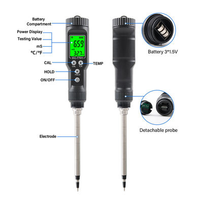 Wasserdichtes 2-in-1-Bodenprüfer. EC (0,00 - 10,00mS/cm) & Temperatur (-30°C - 80°C) Meter für Gartenarbeit und Landwirtschaft