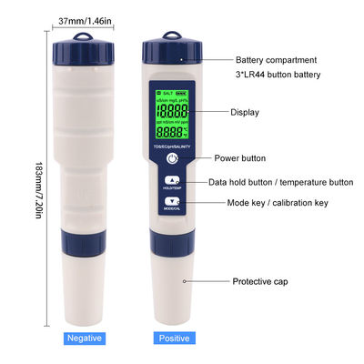 5 - in - 1 Wasserqualitätsprüfer - pH/TDS/EG/Salzgehalt/Tempometer für Zuhause, Aquarien und Labore