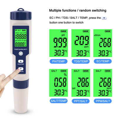 5 - in - 1 Wasserqualitätsprüfer - pH/TDS/EG/Salzgehalt/Tempometer für Zuhause, Aquarien und Labore