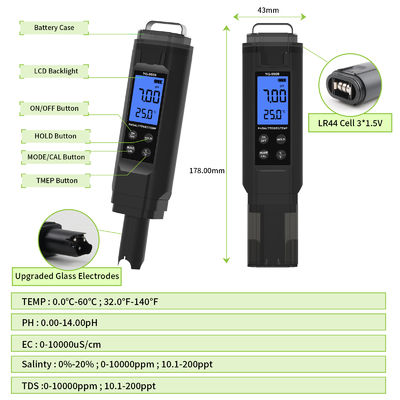 Professioneller 5-in-1-Wasserprüfer PH / Salz / TDS / EC / Temperaturmesser für Aquarien-Pool-Haus
