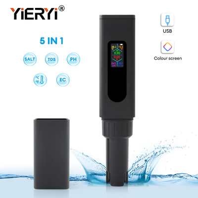 USB Wiederaufladbarer 5-in-1-Wasserqualitätsmesser Farbbildschirm TDS Salz-EC-PH-Temperaturmessgerät