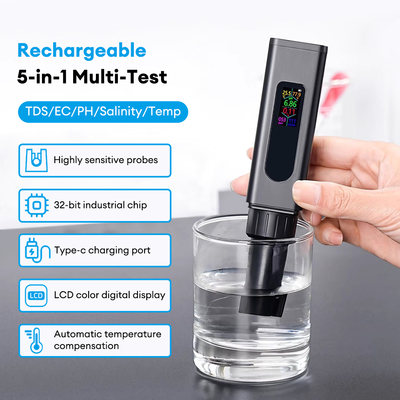 USB Wiederaufladbarer 5-in-1-Wasserqualitätsmesser Farbbildschirm TDS Salz-EC-PH-Temperaturmessgerät
