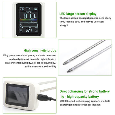 6-in-1 Bodentester mit LED-Anzeige, USB Typ-C wiederaufladbar und drehbarem LCD-Bildschirm für Gartenbau und Landwirtschaft