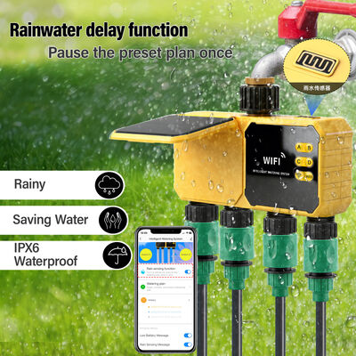 Solar WiFi 4-Zone Smart Irrigation Timer with Rain Sensor for Garden Water Valve Controller