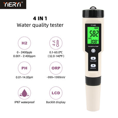 4-in-1 Digitaler Wasserqualitätsmesser mit IP67 Wasserdichtigkeit und LCD-Display für H2-, ORP-, pH- und Temperaturmessung