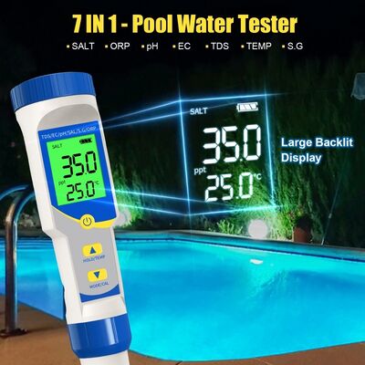 7-in-1 Multifunktions-Digitalwasserprüfer mit hochpräzisen Sonden und Hintergrundleucht LCD-Display für die Qualitätsprüfung von Pool- und Aquarienwasser