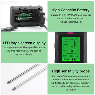 YiERYi 6-IN-1 Bodendetektor 3,5-9pH/0-99% Feuchtigkeit/0-3000μs/cm Fruchtbarkeit 90° Drehbildschirm