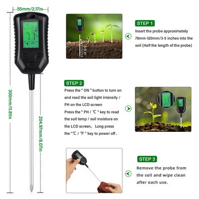 Große LCD-Benutzeroberfläche 4 in 1 Bodenmesser PH Bodenmesser Feuchtigkeit/Temperatur/Sonnenlicht Bodenanalyse-Tools