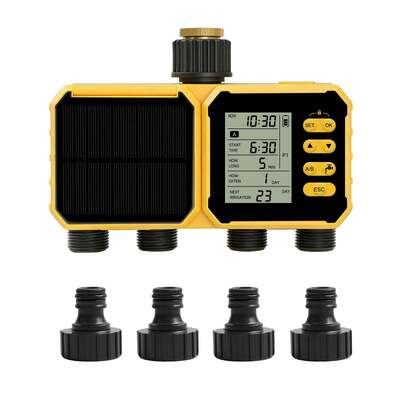 YiERYI Solar Bewässerungstimer 4 Ausgänge Bewässerungssteuerung mit Regensensor, automatisches Zeitplan-Bewässerungssystem mit Kindersicherung für Garten, Rasen, Bauernhofbewässerungsventil