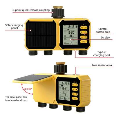 YiERYI Solar Bewässerungstimer 4 Ausgänge Bewässerungssteuerung mit Regensensor, automatisches Zeitplan-Bewässerungssystem mit Kindersicherung für Garten, Rasen, Bauernhofbewässerungsventil