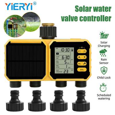 YiERYI Solar Bewässerungstimer 4 Ausgänge Bewässerungssteuerung mit Regensensor, automatisches Zeitplan-Bewässerungssystem mit Kindersicherung für Garten, Rasen, Bauernhofbewässerungsventil