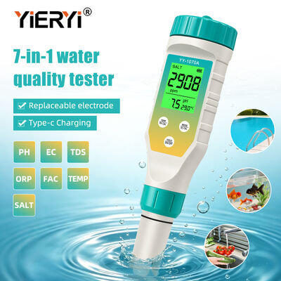 7-in-1-Wasserqualitätsprüfstift, pH-Salzgehalt ORP TDS EC FAC TEMP, gleichzeitige grüne Hintergrundbeleuchtung, wiederaufladbar
